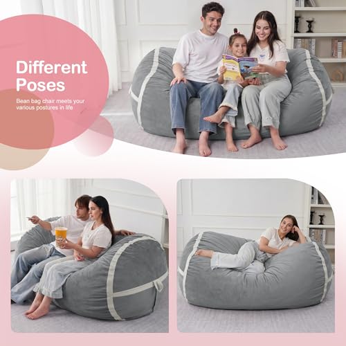 Image of 6FT Bean Bag Chair 6'Giant Bean Bag Chairs with Adults, Large Beanbag Chair | Bean bag Lounger with Machine Washable Cover Dutch Velvet Fabric, Comfy Chairs for Living Room, Bedroom, Dorm, Lightgrey