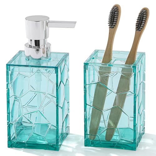 YAUKPH Soap Dispenser and Toothbrush Holder Set, Bathroom Accessories 2 Piece Teal Blue