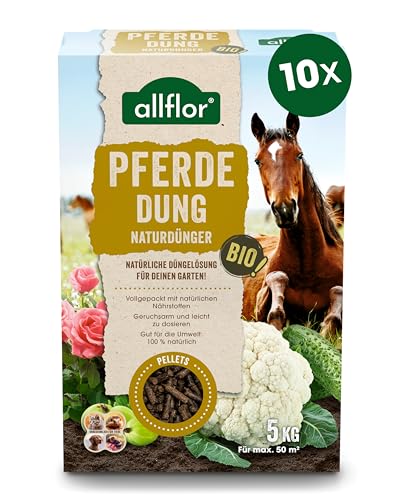 Allflor Pferdedung gekörnt 10 x 5 Kg in Faltschachtel - Pferdemist als Dünger - rein biologisch-organischer Universaldünger - Pferdedünger - Für alle Garten-, Obst- & Gemüsepflanzen