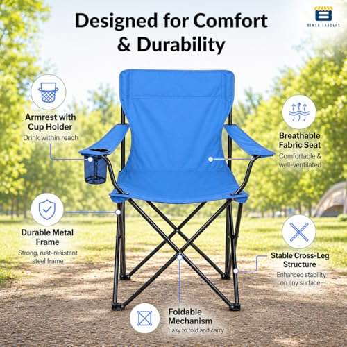 Image of BTAG Foldable Camping Chair with Armrest & Cup Holder, Portable Outdoor Chair with Carry Bag for Camping, Picnic, Fishing & Travel - Blue