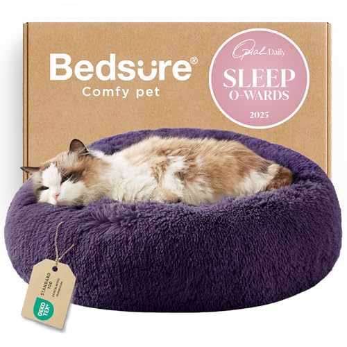 Image of Bedsure Calming Cat Beds for Indoor Cats - Small Cat Bed Washable 20 inches, Anti-Slip Round Fluffy Plush Faux Fur Pet Bed, Fits up to 15 lbs Pets, Purple