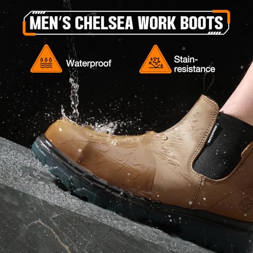 NINGO Waterproof Steel Toe Leather Chelsea Work Boots - Slip On, Puncture Resistant - Lightweight Safety Construction for Men & Women - Industrial, Warehouse4