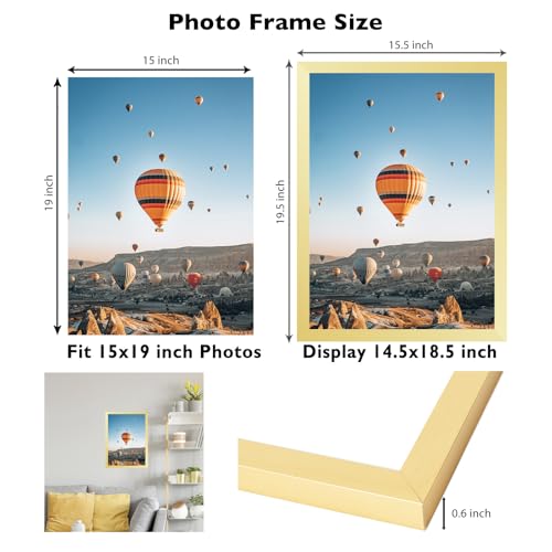 Image of JCJMY 15x19 Picture Frame Gold for Poster Photo Picture, Horizontal and Vertical Formats for Wall Hanging, 15 x 19 Wall Gallery Poster Photo Frame for 15 by 19 Photos Posters, Gold