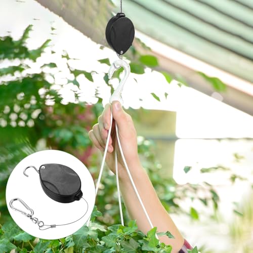 Auktransceler Verstellbarer Teleskop-Pflanzenhänger, einziehbarer Hängekorbhaken für den Außenbereich mit Edelstahlseil für Hängekörbe, Vogelkäfige, Gartenkörbe – Schwarz (1 Haken + 1 Schraubhaken)