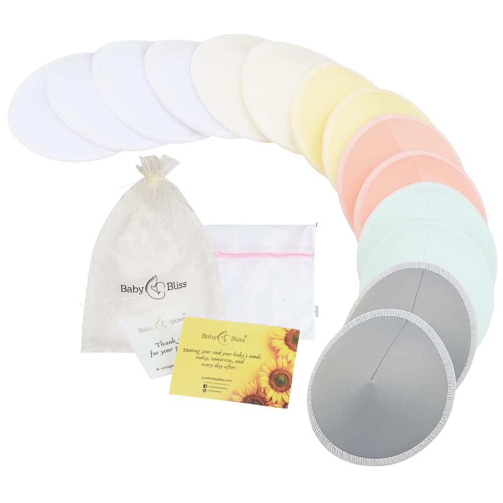 Organic Nursing Pads - 14 Washable Viscose Derived from Bamboo Breastfeeding Pads, Reusable Breast Pads for Breastfeeding, Nipple Pads with Wash Bag (3-Layers, Pastel Touch, 3.9")
