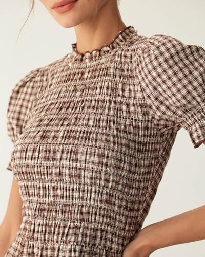 Image of RIHOAS Plaid Gingham Midi Dress Short Sleeve Smocked Dresses for Women | Cotton,Ruffle Puff Sleeves,Vintage Brown,Spring Summer Casual Daily,Picnic,Travel,Vacation,Christmas Festive Occasions