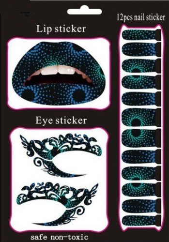 Kitty-Party Ladies Girls Personal Decoration Tools Temporary Nail Lips Eyes Eyeliner Transfer Eyeshadow Makeup Beauty Tattoos Stickers Set Kit, Night Out - Stand Out - Black Blue Dots