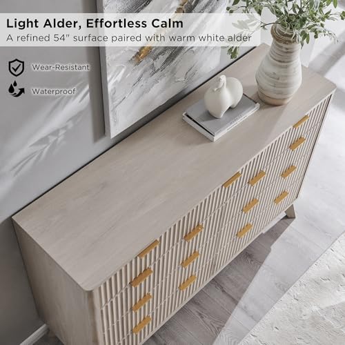 Image of T4TREAM 54 inch Wide Fluted 9 Drawer Dresser for Bedroom, White Alder | Mid Century Modern, Curved Profile, Metal Handles, Anti-tip Kit, Smooth Slides, for Living Room, Hallway