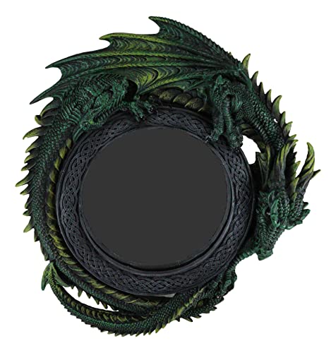 Ebros Gift Gothic 11.75' Tall Celtic Tribal Knotwork Jade Pagoda Green Intertwined Dragon Round Wall Mirror Hanging Plaque Home Decor Sculpture Vanity Decorative Mirrors