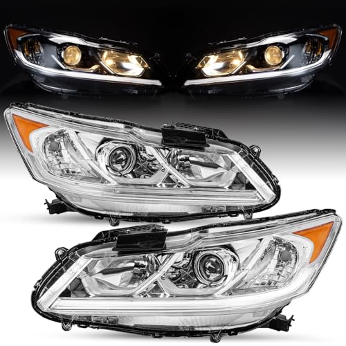 SOCKIR Projector Headlight Assembly w/LED DRL for 2016 2017 Honda Accord Sedan Halogen Headlamp Chrome Housing with Amber Reflector L+R