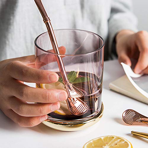 Yerba Mate Bombilla, Stainless Steel Drinking Straws with Filter Spoon, Reusable Strainer Stirrer for Coffee, Loose Leaf Tea, Soup, Beverage with Brush (1Pcs Rose Gold)