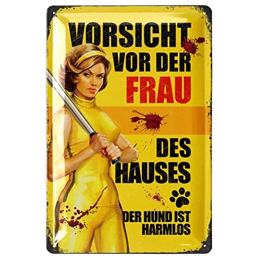 LANOLU Retro Blechschild VORSICHT VOR DER FRAU des Hauses, der Hund ist harmlos- vintage Metallschild mit lustigem Spruch, retro Deko für den Garten, Türschild Familie aus Metall 20x30 cm