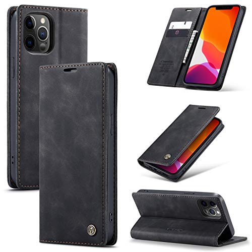 owlhold iPhone 12 Pro Max hülle klapphülle Premium Lederhülle Weiches Vintage-Nubukleder Faltbare Ständer Schutzhülle Kartenfach Standfunktion stoßfest Handyhülle iPhone 12 Pro Max -Schwarz