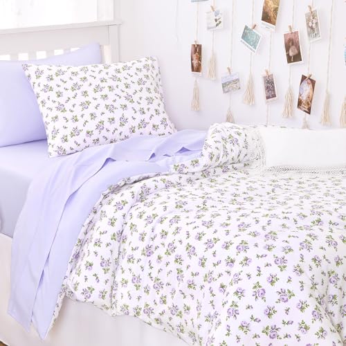 Image of Wake In Cloud - Floral Comforter Set, Coquette Cottagecore Aesthetic Flower Shabby Chic Pattern for Women Teen Girls, Soft Lightweight Bedding, 3 Pieces, White Purple, Twin /Twin XL Size
