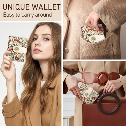 Image of Kelvoris Cute Fox Leaves Small Rfid Women Wallet Bifold Zipper Coin Pocket | PU Leather Compact Cash Credit Card Holder Travel Purse for Female Ladies Teen Girls 1 ID Window 10 Card Slots