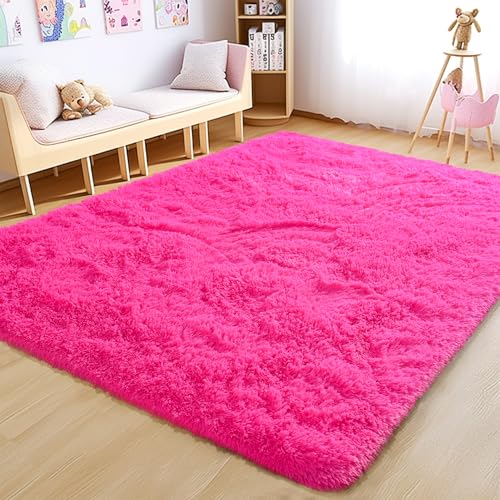 Fluffy Rug Non Slip 5x7 Feet, Hot Pink Living Room Rug Modern, Super Soft Shag Plush Large Carpets for Bedroom