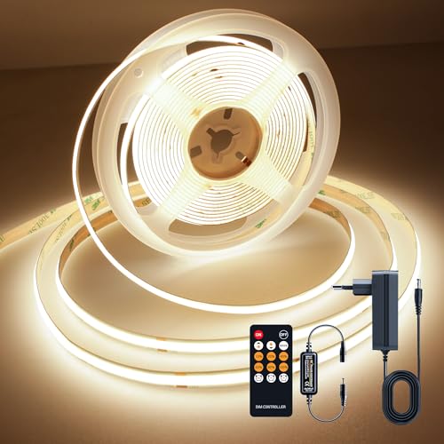 TTWAY COB LED Streifen 5M, Dimmbare LED Strip Warmweiss 3000K, 24V LED Streifen Licht, 480LEDs/M, CRI92, 8mm Breite, mit Fernbedienung und Netzteil für DIY Heimdekoration, Küche, Spiegel.