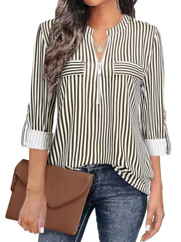 Image of Bulotus Womens 3 /4 Sleeve Tops Plus Size V Neck Zipper Business Casual Blouses for Office & Going Out Soft Knit Tunics, M-3XL