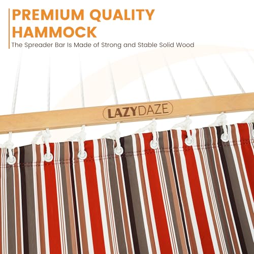 Image of Lazy Daze Hammocks 12FT Quilted Fabric Double Hammock with Hardwood Spreader Bar, Detachable Pillow and Carabiners for Outside, 2 Person Hammock for Outdoor, 450LBS Capacity, Red Brown