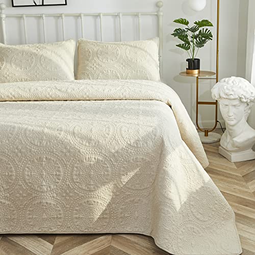Brandream Beige Quilt-Bettwäsche-Set Queen-Size-Baumwolle Shabby Bauernhaus Blumenmuster-Set Matelasse Bettdecke Tagesdecke Set Cover