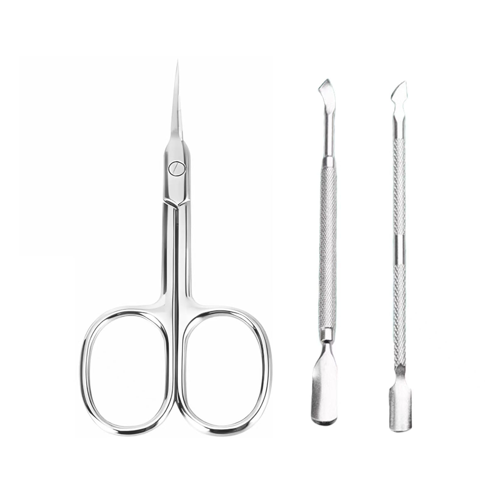 Ciseaux à Cuticules Professionnels + Pousse-Cuticules Double-Fonction (3 Pièces) - Kit Manucure/Pédicure en Acier Inoxydable Anti-Corrosion - Précision Salon (Argent)