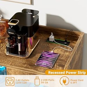 Liquor cabinet bar with power outlet led light wine bar cabinet with wine glasses rack home coffee bar cabinet buffet sideboard with storage shelf for kitchen dining room rustic brown  urban country home decor