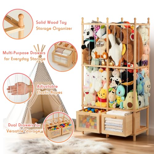 Kompaktayc Stuffed Animal Storage with Two Wooden Drawers, 280L Extra Large Capacity Plush Toy Organizer Tower, Solid Wood Stuffed Animal Zoo Storage for Bedroom, Playroom&Home Organization — view 6