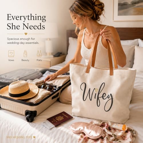 Image of ELEGANTPARK Wifey Tote Bag for Bride - Large Canvas Wedding Bag with Zipper - Bachelorette Party Engagement Gift, Honeymoon Beach Travel Bag