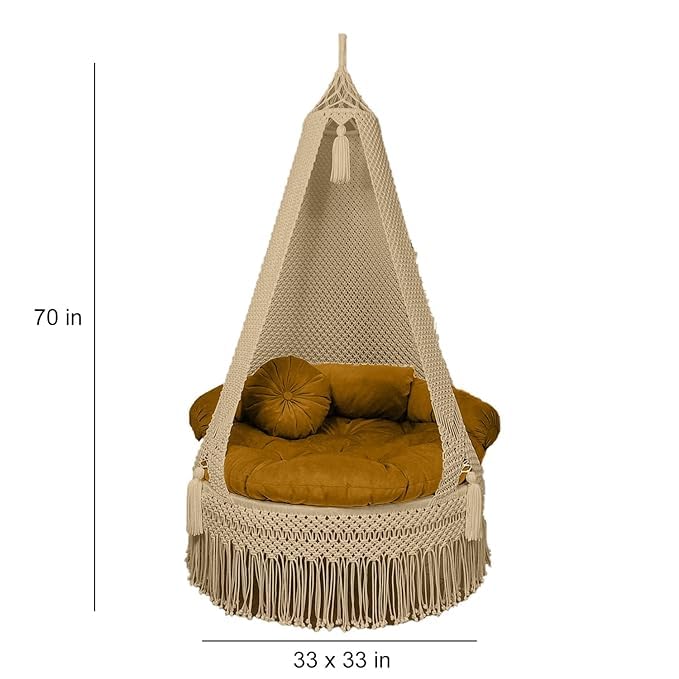 Image of Macrame Hanging Chair Swing with Cushion | Handmade Boho Hammock Chair for Adults & Kids | Indoor Outdoor for Balcony, Living Room, Bedroom, Patio & Garden (Beige)
