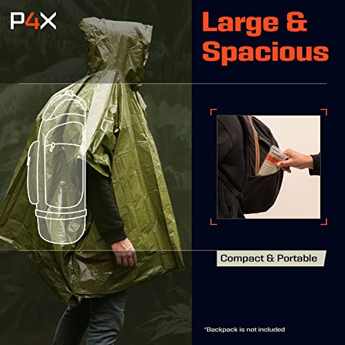PREPARED4X Emergency Poncho with Mylar Blanket Liner – Heavy Duty, Waterproof, Wind-Resistant Green Rain Poncho for Outdoors, Camping, and Car Emergency Kits - Thermal Poncho - 4 Pack (Green) - Thumbnail 7