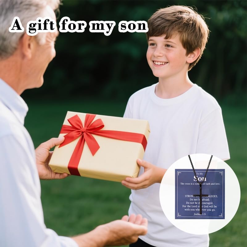 Mens Cross Necklace for Son Christian Birthday Christmas Gifts from Mom Dad Encouragement Encouraging Faith Religious Confirmation Gift to My Son Black Cross Pendant Bible Verse Gifts - Image 5