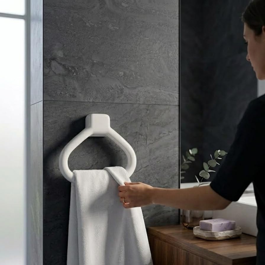 Image of CIPLA PLAST Modern Wall Mounted Towel Ring Holder | Self Adhesive Towel Ring for Bathroom | Premium Plastic Bathroom Hand Towel Hanger, Durable & Rust-Free, Easy Installation, White Finish