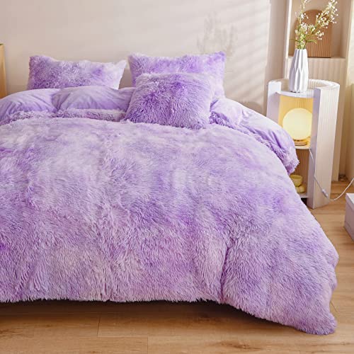 Himean Fluffy Duvet Cover Queen Size, Soft Plush Shaggy Faux Fur Velvet Comforter Cover Bedding Set 4 Pieces(1 Duvet Cover + 2 Pillowcases + 1 Throw Pillow Cover) Tie Dye Lilac, Queen #TOP1