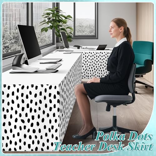 Image of 9FT Irregular Polka Dots Table Skirt Teacher Desk Skirt for Black and White Classroom Decor Rectangle Back to School Table Cloth Birthday Party Supplies for Kindergarten Office Dorm Bookcase Cabinet