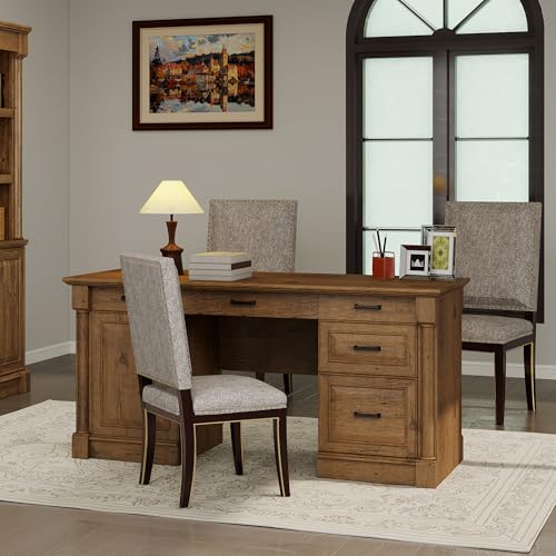 Bevfint 61.85″ Executive Desk with Roman Column Design, Large Boss Office Desk 3 Drawers incl. File Drawer, Keyboard Tray, Cabinet Shelf with Door, Vintage Oak
