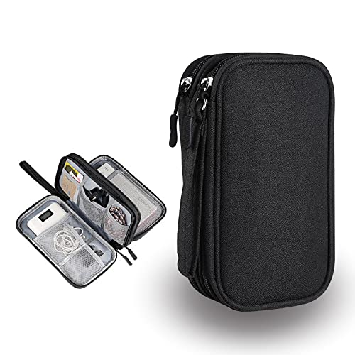 ACONDE Organizador de bolsa electrónica, bolsa de cable, funda de cable universal de doble capa, accesorios electrónicos, para teléfono móvil, cargador, batería externa, Negro, 21 x 12,5 x 6 cm