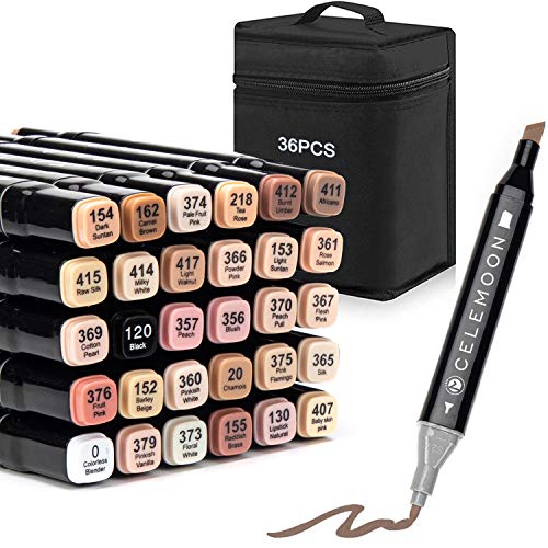 CeleMoon 36 Skin Tone Colors Dual Tip Alcohol Markers, Sketch Art Marker, Alcohol-based Markers for Coloring, Illustration, Mid-tone Skin Tone and Hair Shades Marker Set