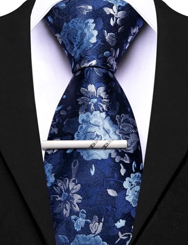 Image of Barry.Wang Floral Ties for Men Flower Necktie with Tie Clip Formal