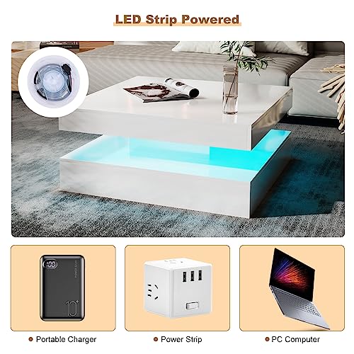 KEEPREAPER White Square Coffee Table for Living Room, Modern Coffee Tables with Storage, LED Light Coffee Table 2-Tier Square Middle Center Table,Contemporary Wood Tea Tables for Dining - Image 5