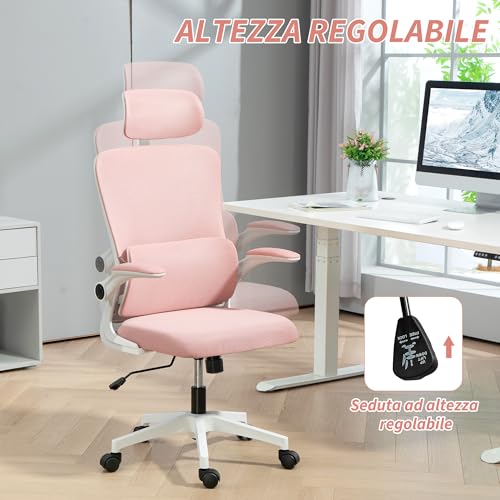 Sedia da Ufficio Ergonomica con Supporto Lombare, Braccioli Ribaltabili, Poggiatesta Regolabile, Poltrona Scrivania Girevole Inclinabile con Schienale Alto, Altezza Regolabile in Rete, Rosa - Sedia gaming - Immagine 3