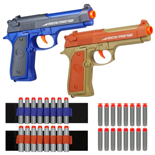2 Pack Blaster Guns Boys Toy - with 16 Soft Foam Darts Bullets & 2 Wrist Bands - Christmas Birthday Hand Gun Toys Party Supplies for 6,7,8,9,10,11,12...