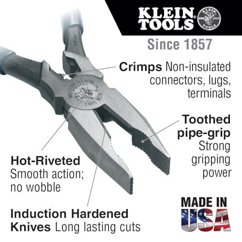 Klein Tools J12098 Universal Combination Pliers with Crimping Die, Toothed Pipe Grip, Induction Hardened Knives
