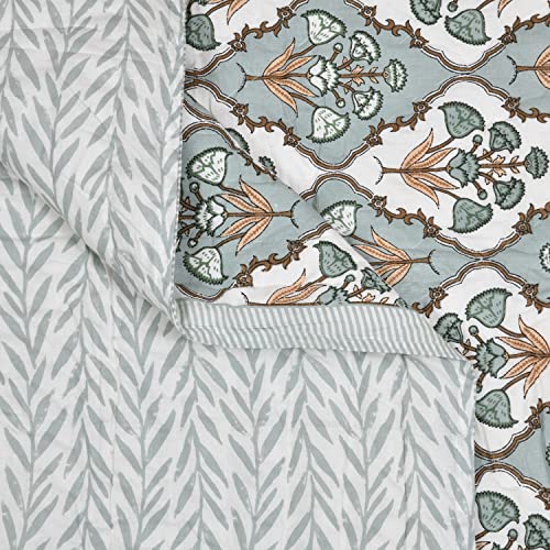 Image of BLOCKS OF INDIA Cotton Single Size Quilt Hand Block Print for Light Winters (60X90 Inches) (Grey Flower), Lightweight, 300 TC