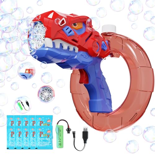 Bubble Gun, Bubble Machine Gun for Kids 4-8, Automatic Dino Bubbles Gun with Refill Solution for Toddlers 3-5, Rechargeable Bubble Maker Blower Outdoor Summer Toys for Kids Ages 4-8 (Red)
