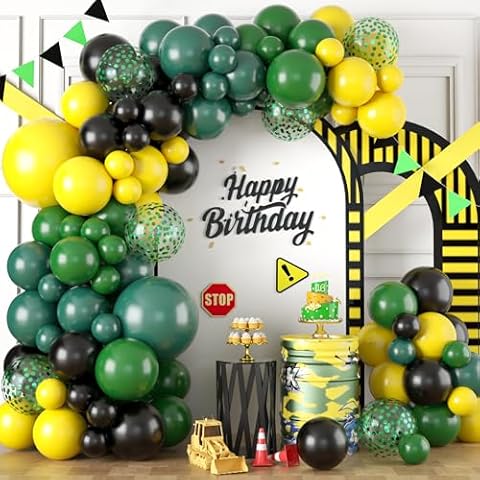 Biapian Yellow Green Balloon Garland Arch Kit, 100 Pcs Tractor Party Decorations with Dark Green Black Yellow Latex Balloons Confetti for Kids Teen Boys Tractor Football Sport Theme Birthday Party Cover