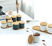 Vista 6 de Tarro de especias de cerámica de color puro simple Caja de condimentos Pote de azúcar con tapa de bambú y cuchara