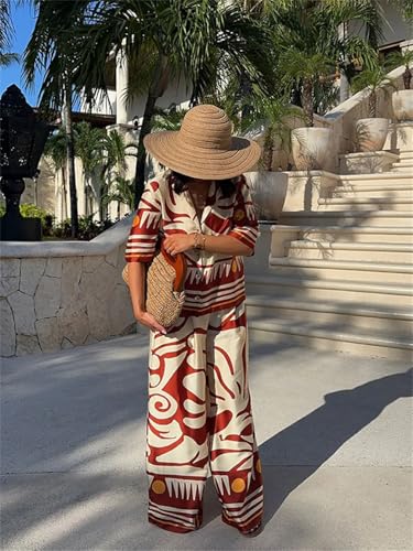 Women's Vintage Print Wide Leg Pants Suit Casual Loose Lapel V Neck Short Sleeve Shirt Set4