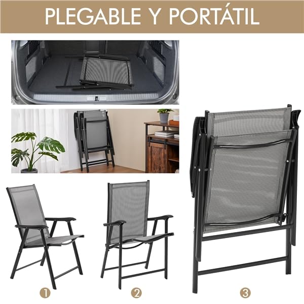 Yaheetech Juego de 2 Sillas Plegables para Exterior Capacidad 150kg Gris | con Reposabrazos,Poliéster Resistente,Marco Metálico, Asiento Amplio 45,5x43cm, para Terraza/Balcón/Camping/Comedor/Exterior