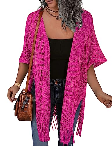 Image of HOTOUCH Womens Knit Cardigan Open Front Outwear Hollow Out Crochet Tassel Lightweight Kimonos Sweater S-XXL