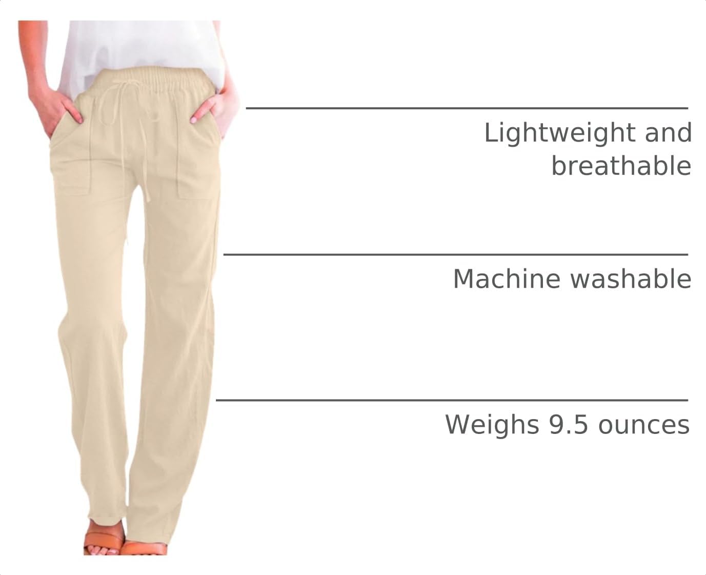 Linen Pants for Women Casual Relaxed Fit Elastic Waist Pant Straight Leg Drawstring Lounge Trousers with Pockets